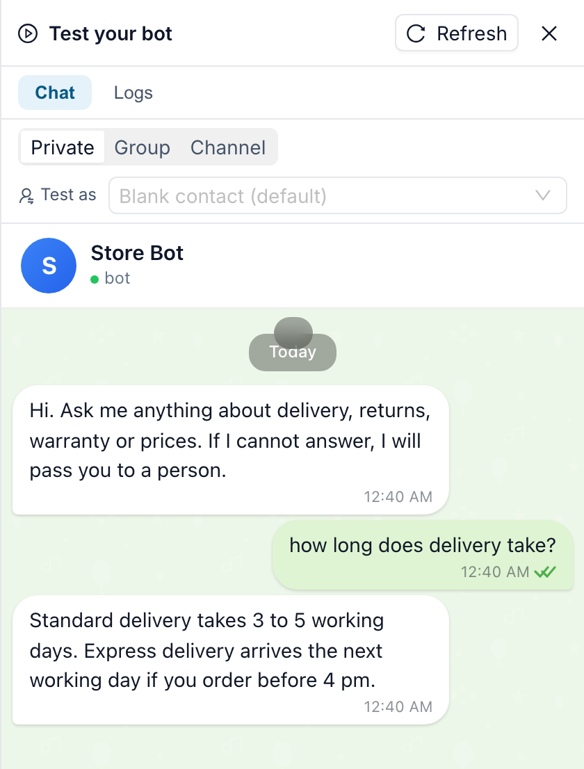 The test panel: the visitor asks how long delivery takes and the agent answers from the knowledge base