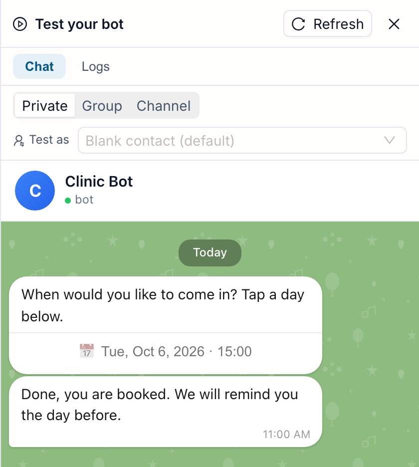 The Test chat after the pick: the question with one line under it, 📅 Tue, Oct 6, 2026 · 15:00, and then the confirmation message of the bot