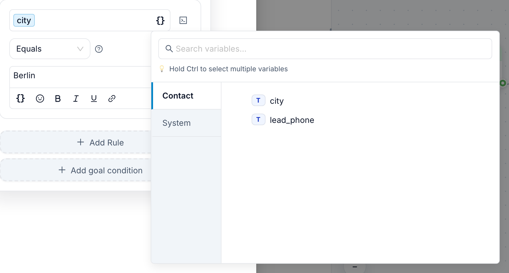 The variable picker opened from the rule, showing the Contact category with the city variable