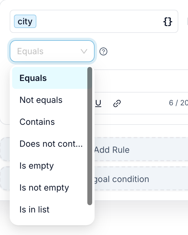 The operator list open, showing Equals, Not equals, Contains, Does not contain, Is empty, Is not empty and Is in list