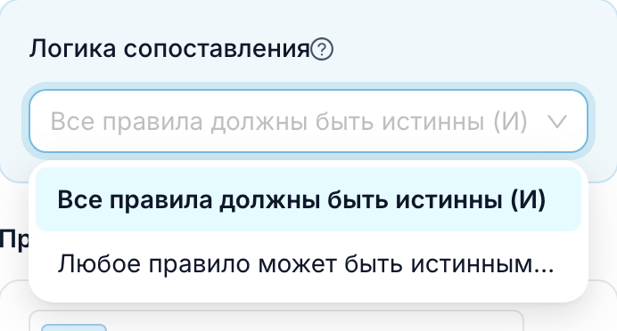 Открытый список «Логика сопоставления» с вариантами «Все правила должны быть истинны (И)» и «Любое правило может быть истинным (ИЛИ)»