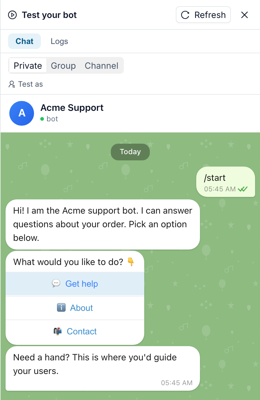 The Test your bot panel: the welcome message, the menu with three buttons, and the reply to Get help