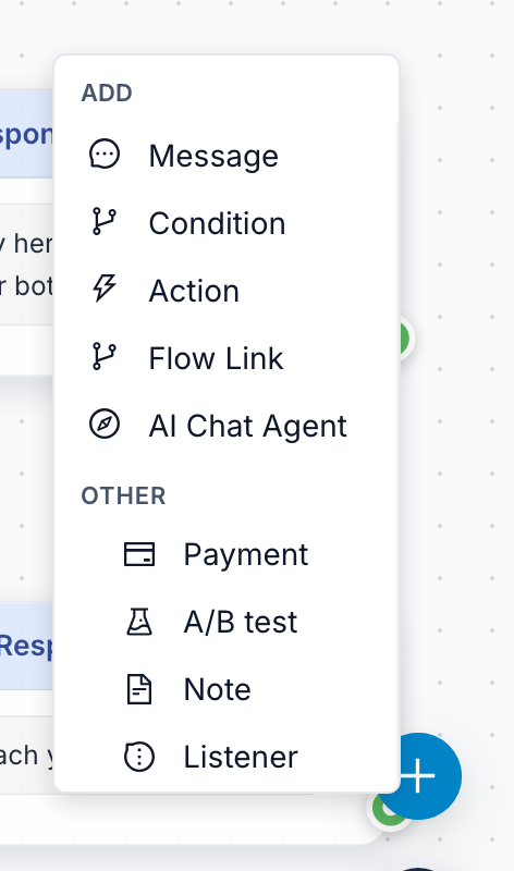 The Add menu: Message at the top, then Condition, Action, Flow Link and AI Chat Agent