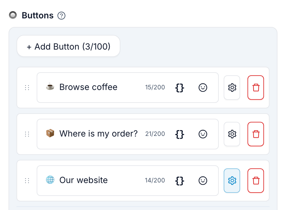 The Buttons section with three buttons: Browse coffee, Where is my order? and Our website