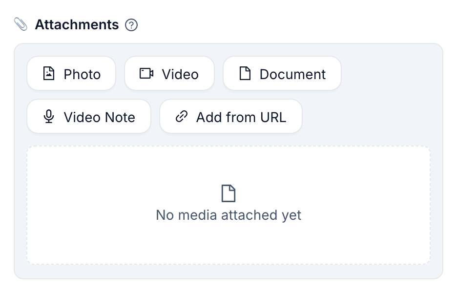 The Attachments section with the Photo, Video, Document, Video Note and Add from URL buttons