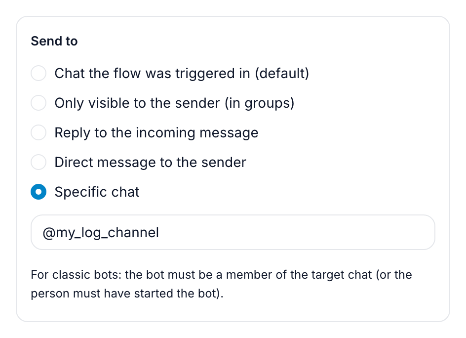 The Send to section of a message block with Specific chat selected and a channel username in the target field