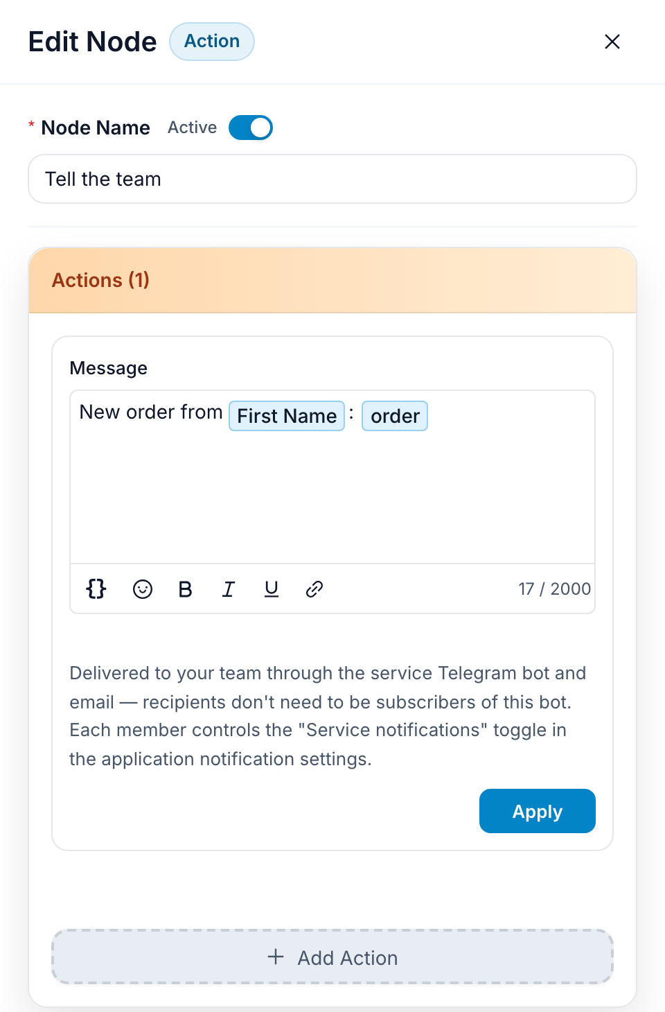 The Service Notification action open in the editor, with its single Message field and the hint about the service bot and email