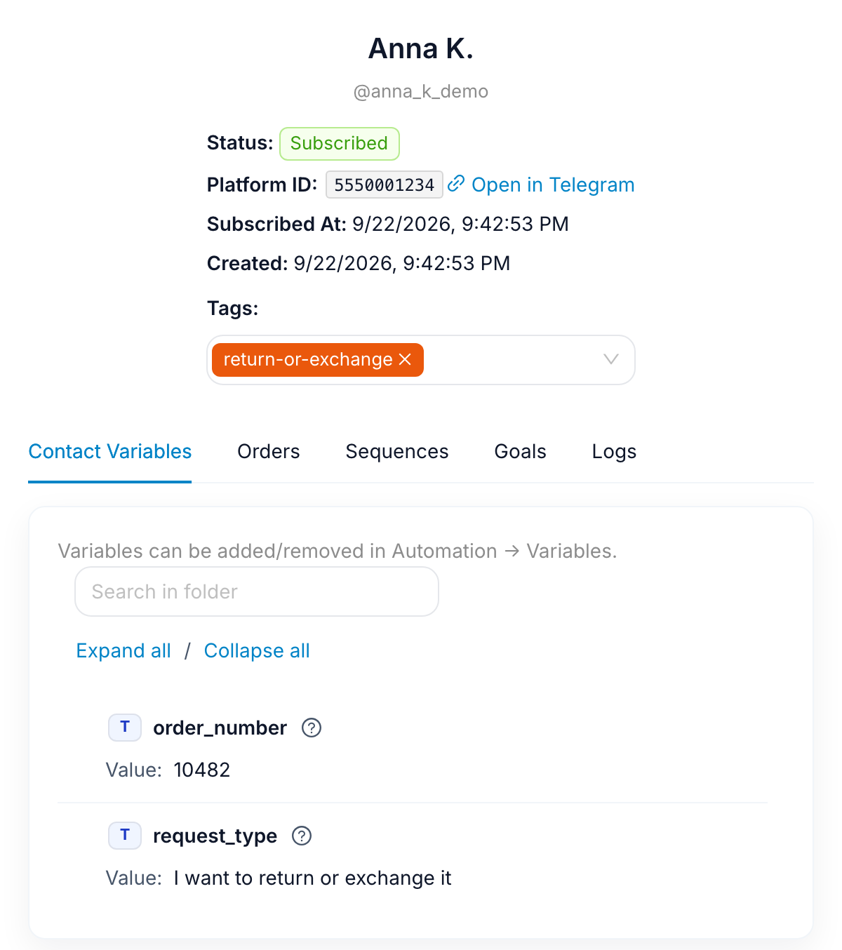 The contact card: the customer's name, a return-or-exchange tag, and the saved answers order_number = 10482 and request_type = I want to return or exchange it