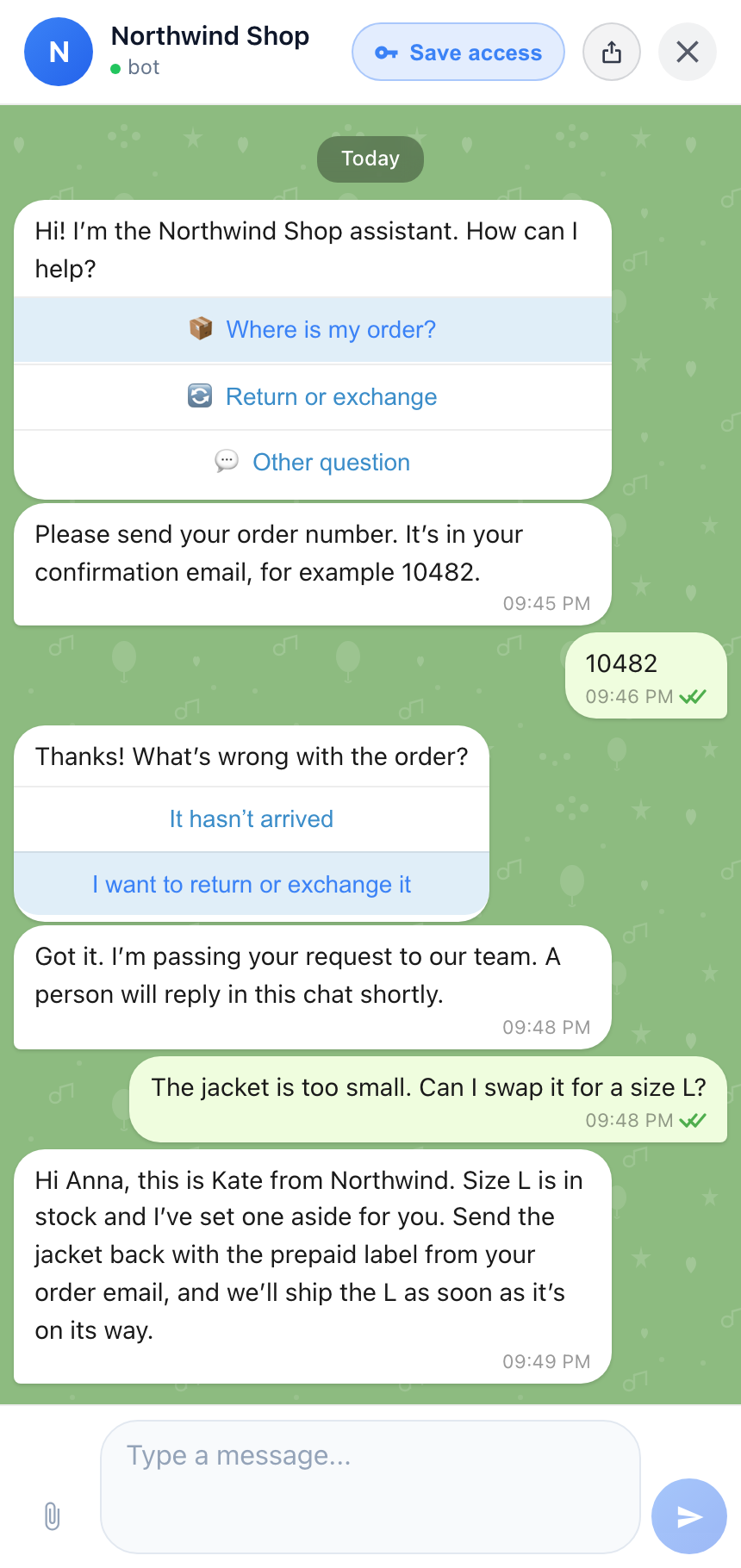 The customer's chat window: the bot's menu, the order number, the choice "I want to return or exchange it", the bot saying a person will reply, and then the operator's answer in the same chat