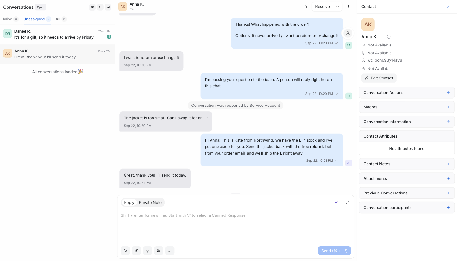 Live Chat inbox: two unassigned conversations on the left; Anna's conversation in the middle with the bot's questions, her answers, Kate's reply and Anna's thanks; the contact panel on the right
