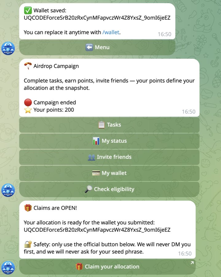 Чат в Telegram: бот для аирдропа подтверждает сохранённый кошелёк, показывает меню кампании с баллами участника после завершения и присылает объявление об открытии клейма с кнопкой получения токенов