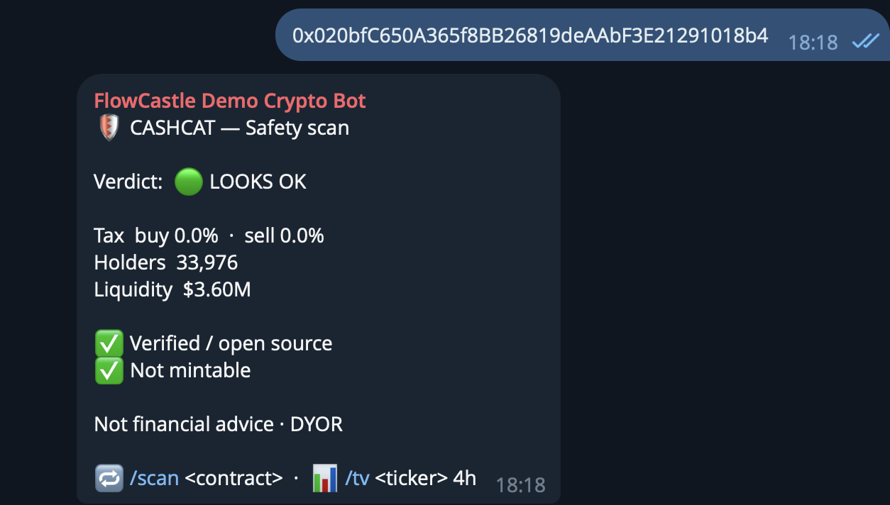 Чат в Telegram: бот отвечает на вставленный адрес контракта карточкой проверки — вердикт, налоги на покупку и продажу, держатели, ликвидность и проверки контракта